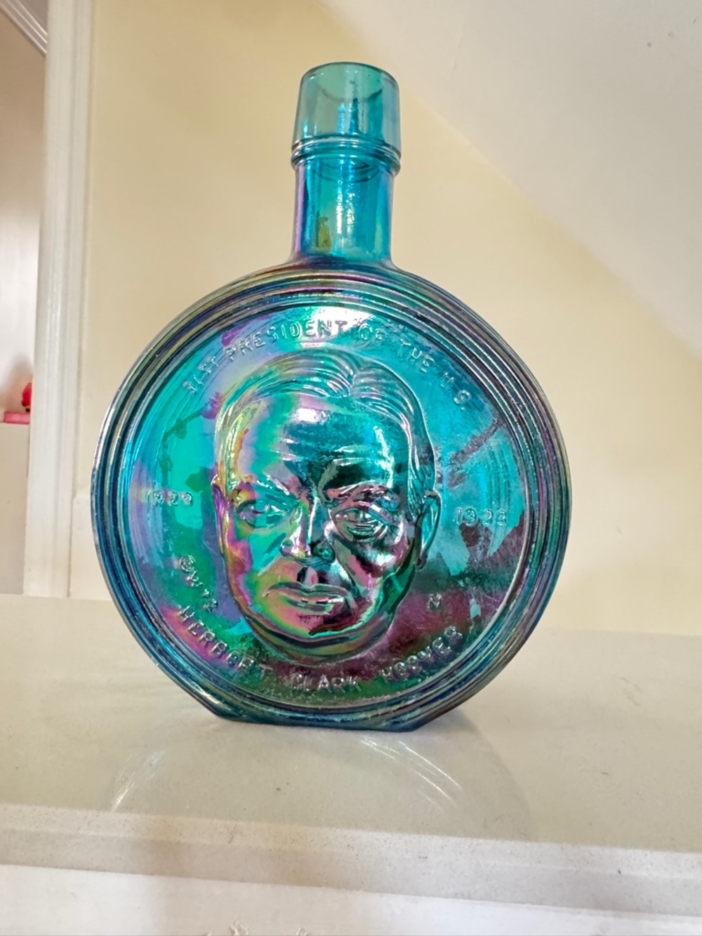 Iridescent BlueVintage Wheaton Herbert Hoover Blue Carnival Glass 8in Bottle